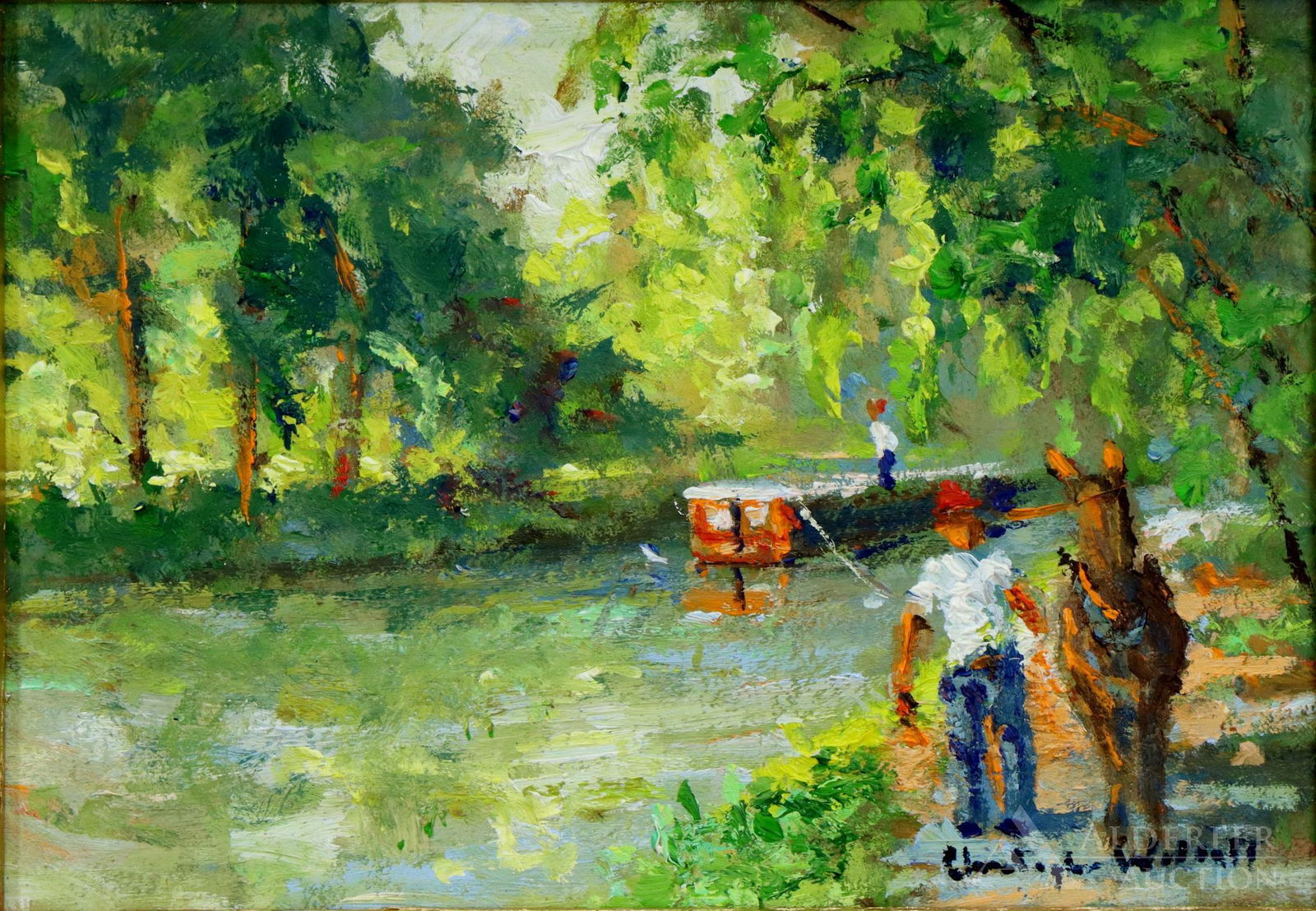Christopher Willett (born 1959): Oil on board, "Mule & Barge, New Hope", SLR. Summer canal scene with a mule drawn barge and handler. 5"h x 7"w and 6.5"h x 8.5"w framed