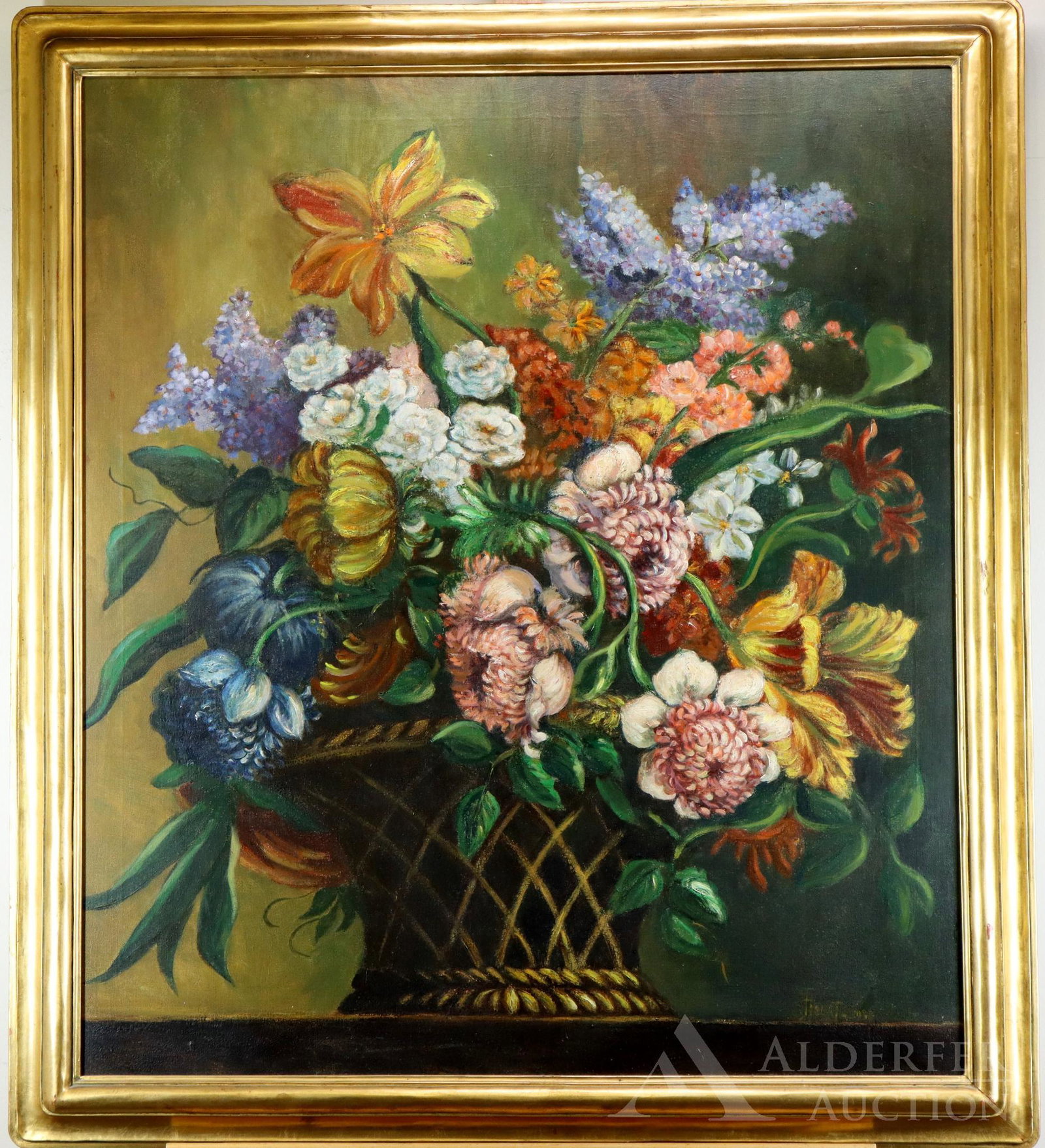 Newcomb Macklin Frame: Newcomb Macklin carved and gilded frame with an oil on canvas still life, SDLR 1936. Rabbet 32"h x 28"w and 36"h x 32"w framed