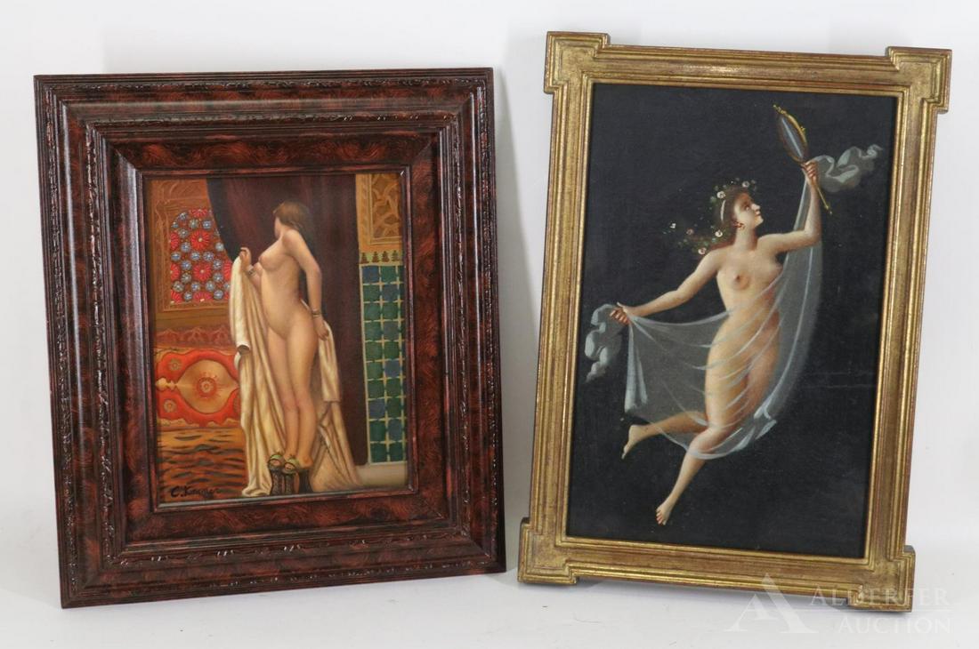 Nudes, Oil on Board: C. Kramer oil on board depicting a nude female in a Turkish setting, signed lower left. 10”h x 8”w, the frame 15.25”h x 13.25”w. Art Nouveau style nude female oil on board, unsigned, Swain Gal