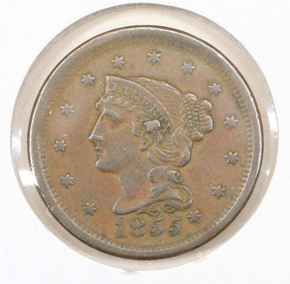 LARGE CENT: 1855, slanting 5's, knob on ear, XF+
