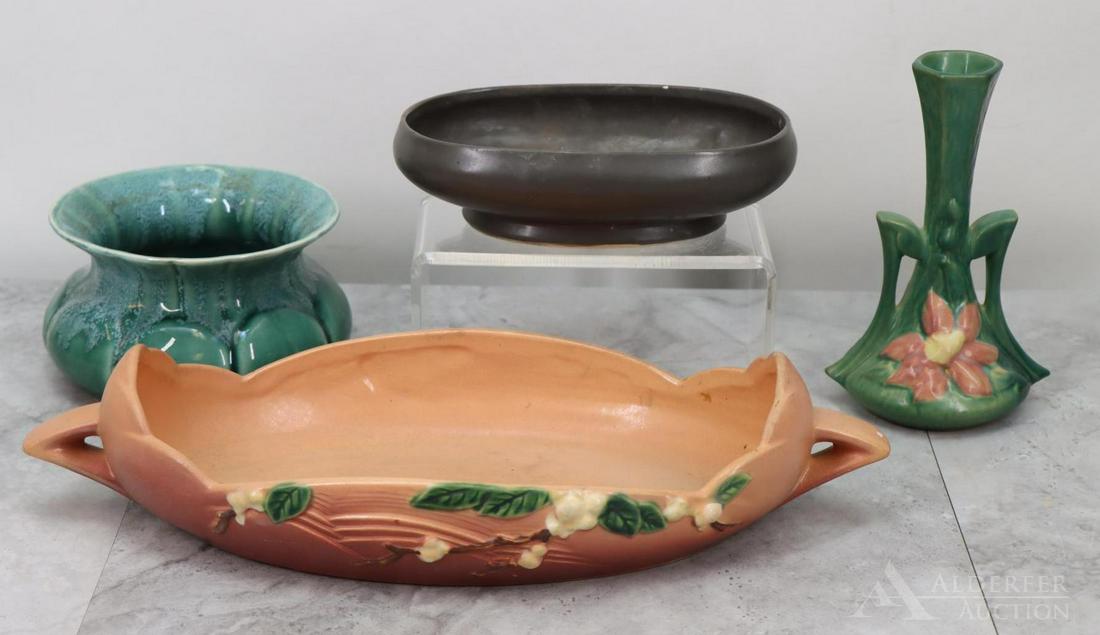 Roseville & McCoy Pottery: Dusty Rose "Snowberry" console bowl 1BL2-12. Green "Clematis" bud vase 187-7. Speckled green McCoy-Blush spittoon 190-6. Olive green McCoy-Floraline oval bowl 476-8. The spittoon has a crack, scatt