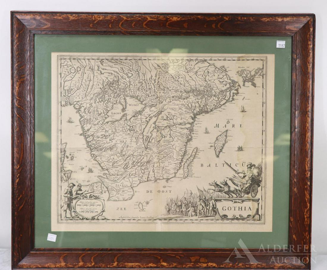 Jansson Map, Sweden: "Gothia", engraving by Jan Jansson, Amsterdam. Water stains at the right, rubbing at the bottom center, pencil marks at the lower right, other wear. Sight 16.5"h x 20.5"w, frame 23.5"h x 28"w