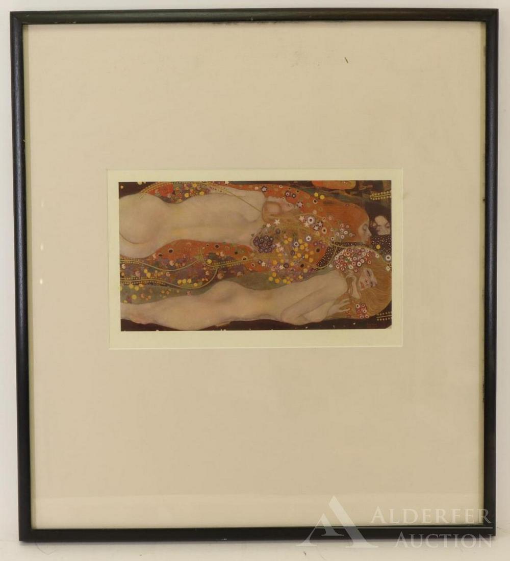 Gustav Klimt (1862-1918): Color lithograph with metallic highlights, "Water Serpents", Faded SLR. Female figures with swirling design. With folio markings. 6.5"h x 11.5"w and 23"h x 21"w framed