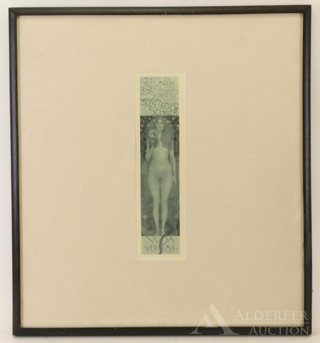 Gustav Klimt (1862-1918): Monochrome lithograph, "Nuda Veritas". SLR. Female figure including text of German poet Schiller. With folio markings. 12.5"h x 2.75"w and 23"h x 21"w framed