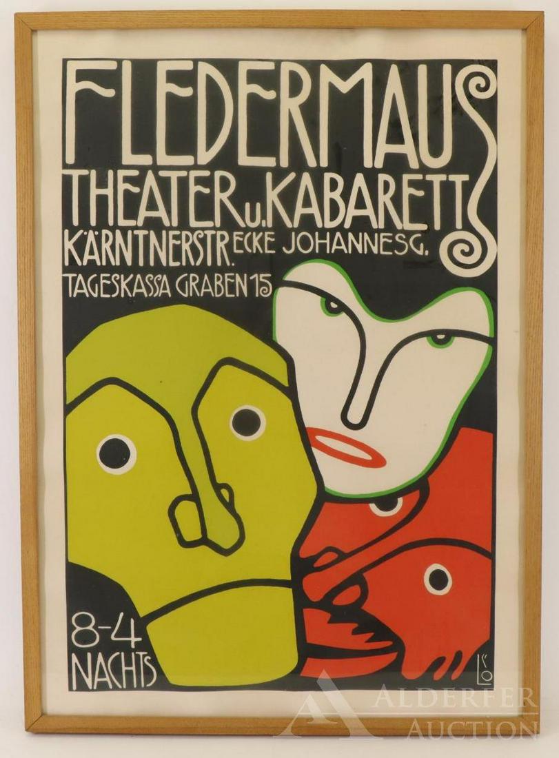 Bertold Loffler, Fledermaus Theater Print: Lithograph designed by Bertold Loffler, Printed by Albert Berger for Weiner Werkstatte. 25.5"h x 17.25"w and 29.25"h x 21"w framed