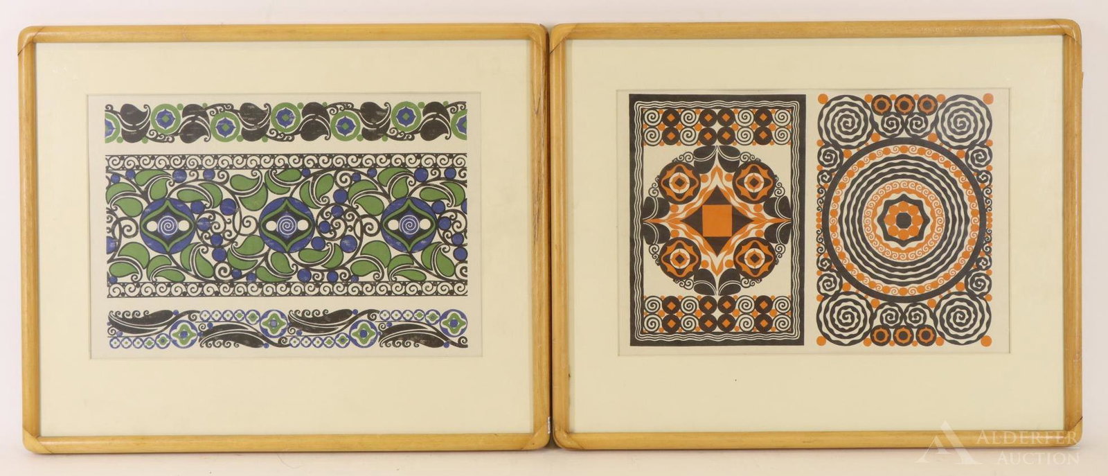 Bruno Mauder (1877-1948): Lithograph plates (2). Designed by glass designer Bruno Mauder, Published by Verlog von Christian Stoll, 1905. Frame edges separating. Each 10.5"h x 15.5"w and 16.75"h x 20.75"w framed