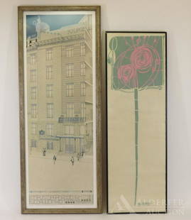 Otto Wagner And Charles Rennie Mackintosh Posters: Otto Wagner, Austrian architect 1987 edition poster, well framed. Charles Rennie Mackintosh poster, black metal poster, frame corners separating, cardboard backing. Largest 41"h x 16"w framed