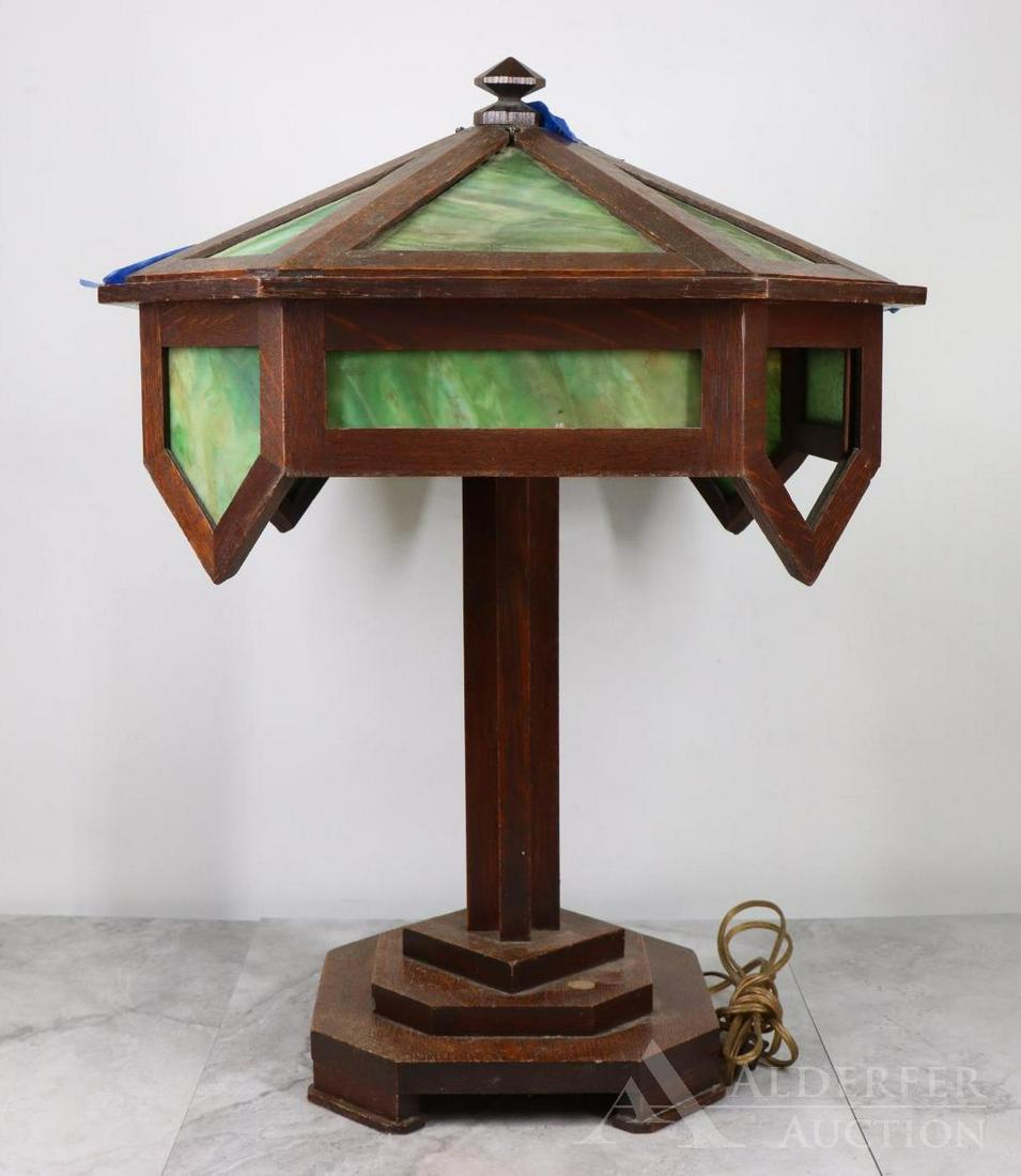 Arts & Crafts, Table Lamp With Oak And Green Slag Glass (1 of 14)