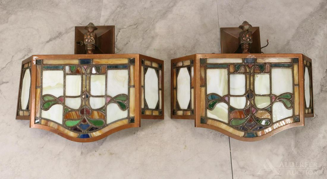 Arts & Crafts, Floral Motif, Leaded Glass Wall Sconces (1 of 9)