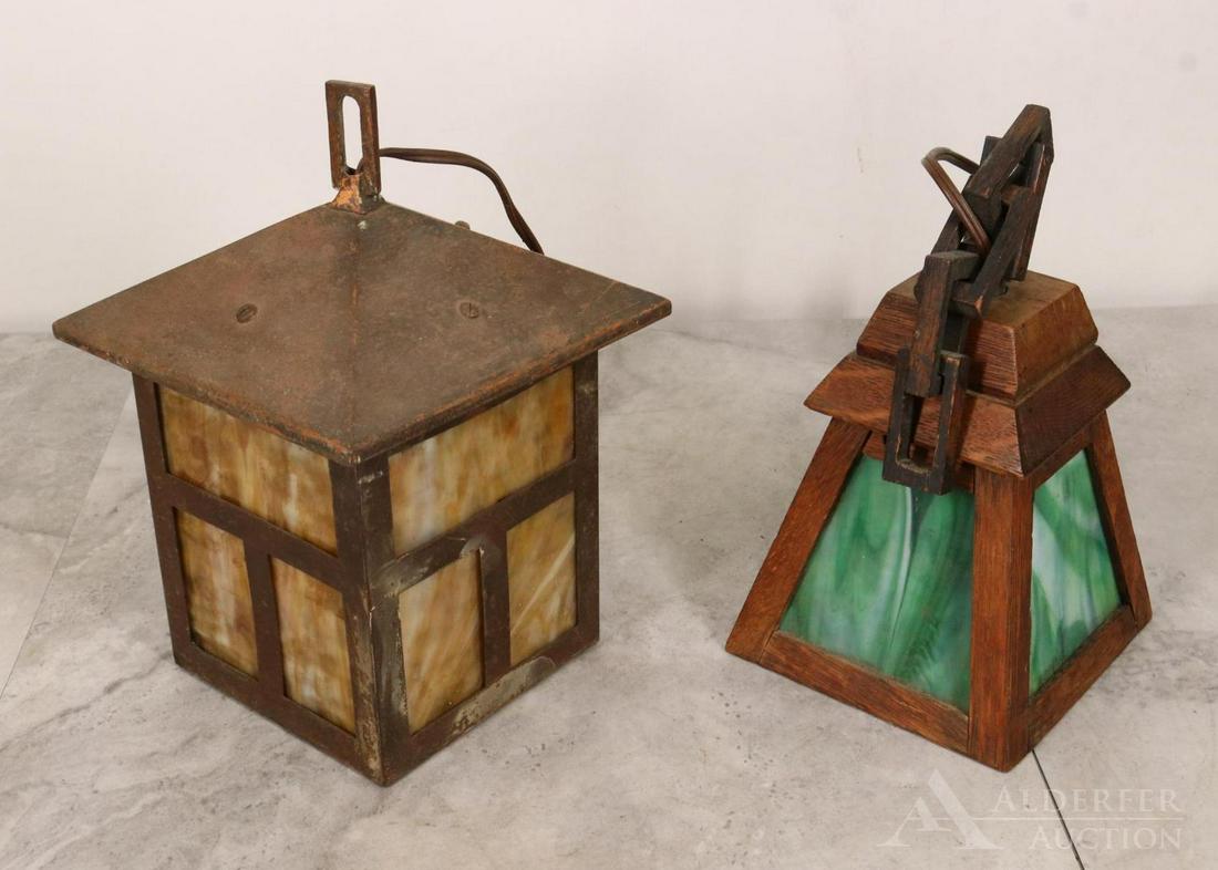 Arts & Crafts, Oak And Green Glass And Hammered Copper (1 of 4)