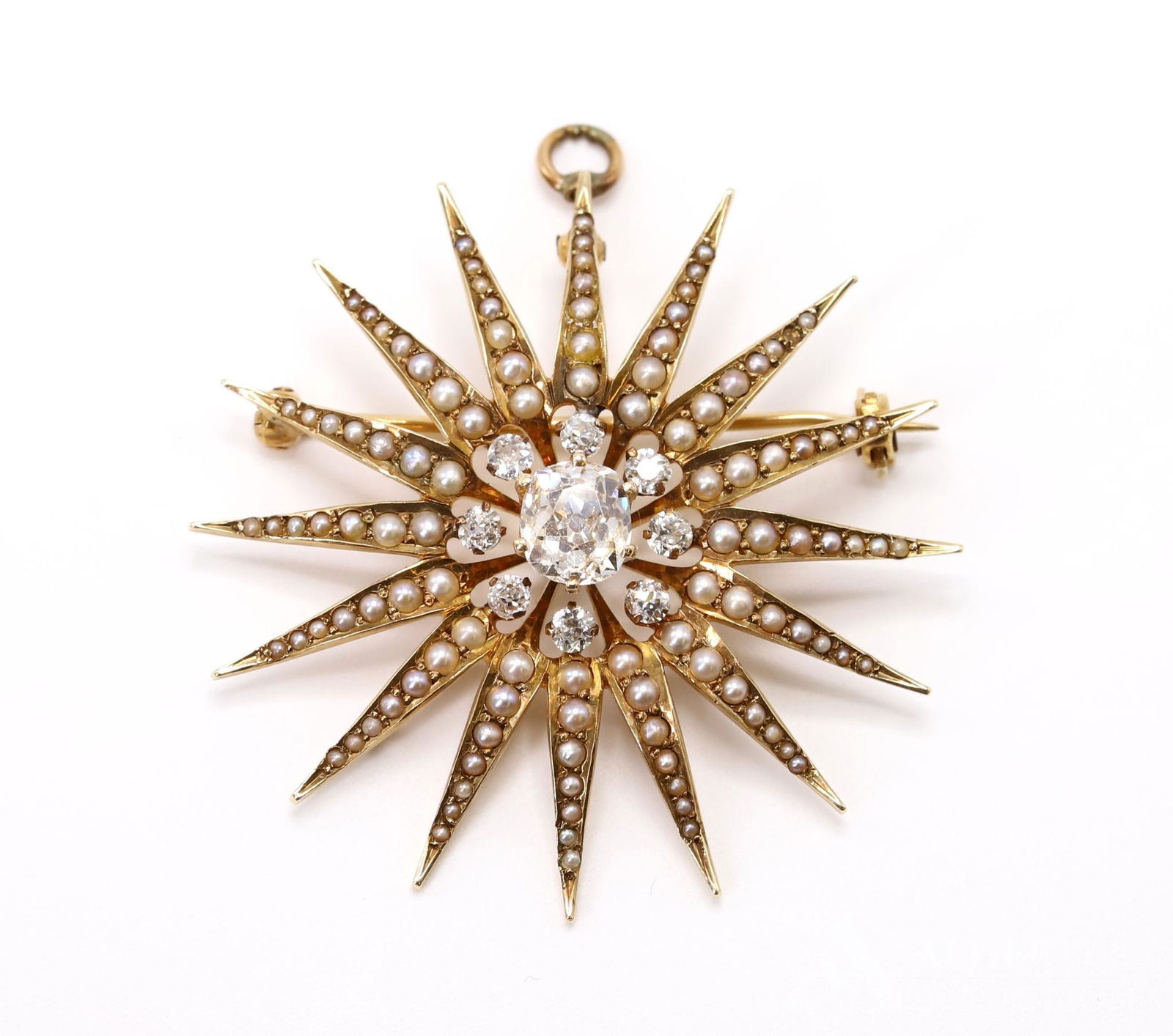 14KY Gold Diamond and Pearl Burst Pin Pendant (1 of 5)