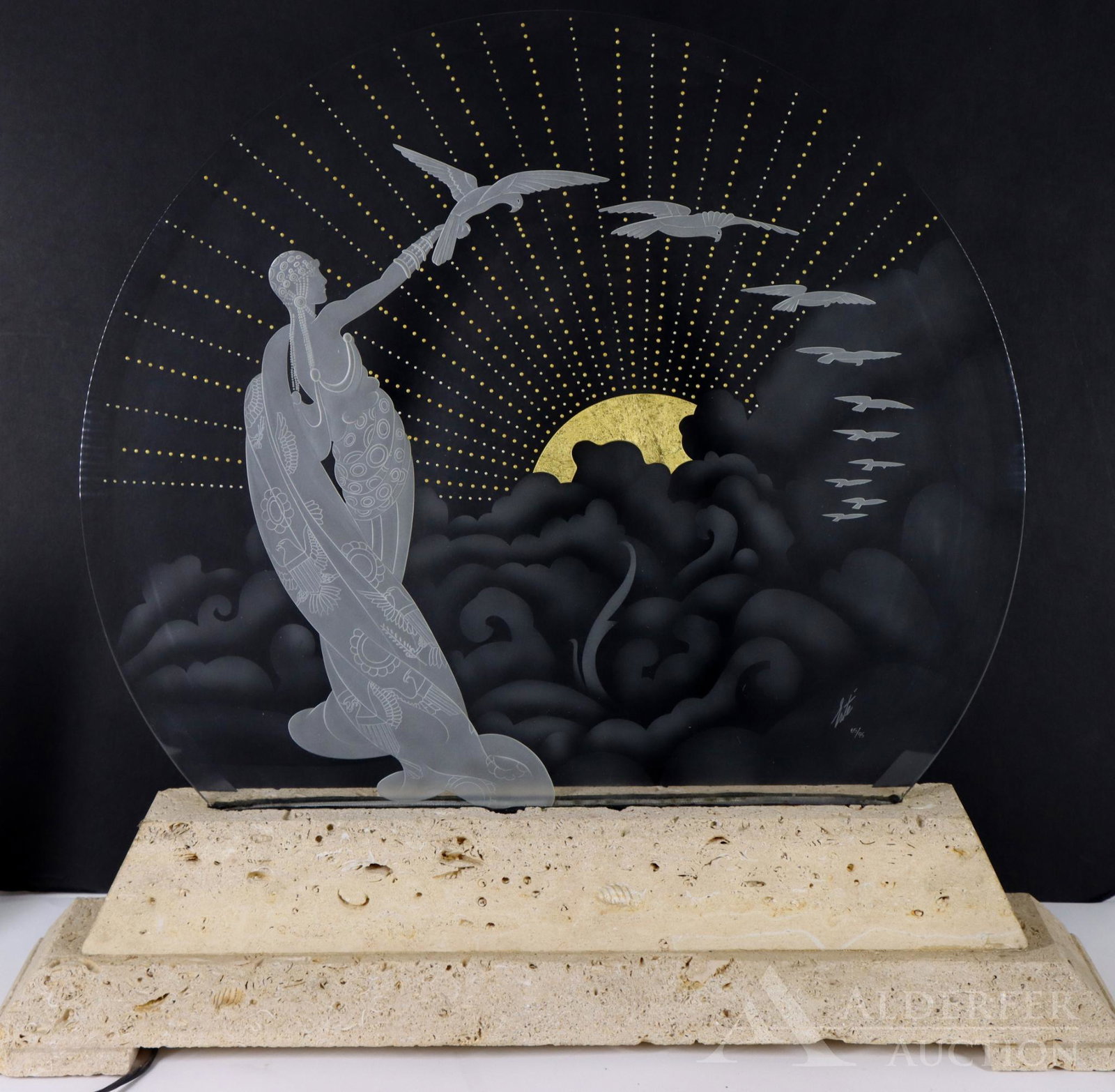 Erté Etched Glass "Victoire" Luminaire: Etched image of a standing woman with outreached arm and flying vultures. Sun and rays illuminate. Signed and numbered 65/95. 24"h x 26.5"w x 7"d
