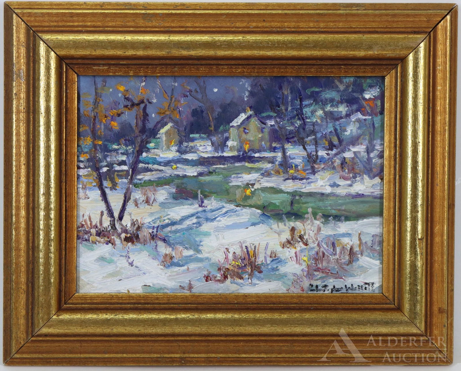Christopher Willett (born 1959): Oil on board, "Frog Hollow Warrington/Doylestown", SLR. Winter rural landscape with a stream meandering towards a snow covered home. 5"h x 7"w and 7.5"h x 8.5"w framed