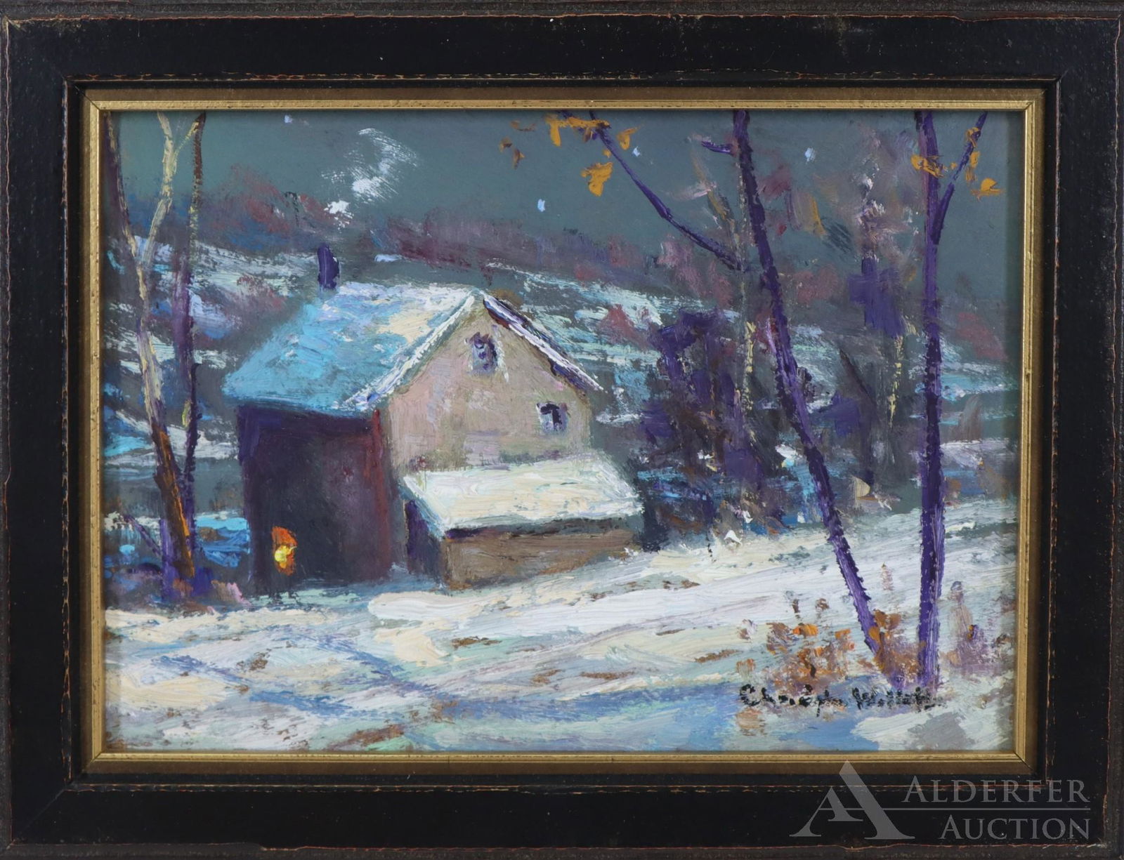Christopher Willett (born 1959): Oil on board, "Along River Road, North of New Hope", SLR. Winter nocturne of a snow covered home. 5"h x 7"w and 6"h x 8"w framed