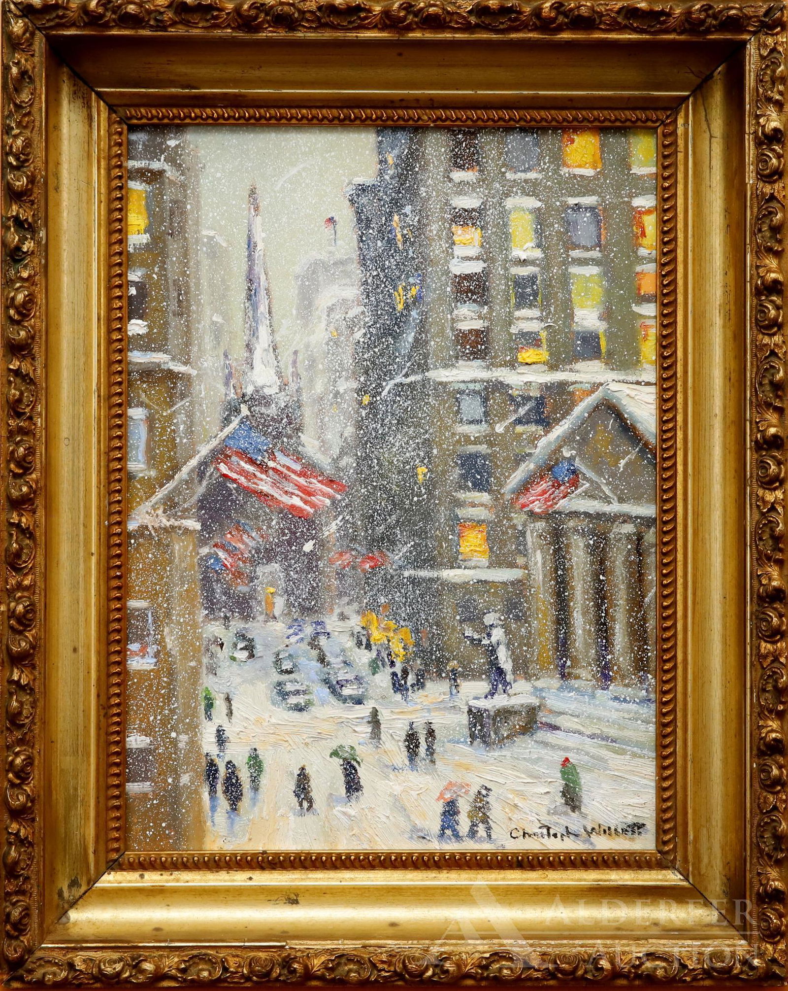 Christopher G. Willett (Born 1959): Oil on board, SLR, Dec.15th Wall Street N.Y.C. Snow swept scene of a busy city street. 12"h x 9"w and 16"h x 13"w framed