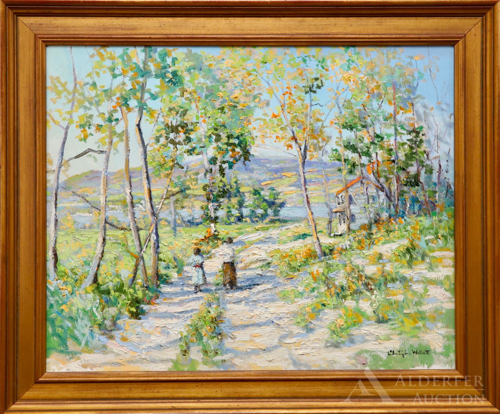 Christopher Willett (born 1959): Oil on canvas, "Lake Galena, Doylestown", SLR. Summer landscape with children walking down a path to the lake in the distance. 16"h x 20"w and 19.5"h x 24"w framed