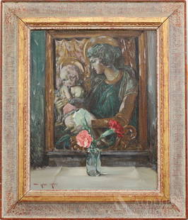 Arthur Meltzer (1893 - 1989): Oil on canvas, "in Homage to D.", SLL. Includes hand-written note by the artist that reads, " Inspired by polychromed low-relief by Donatello "Vierge à l'Enfant" which is in the Louvre any intereste