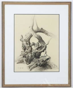 Arthur Meltzer (1893 - 1989: Charcoal, "Driftwood", SLL. Modernist style still life of driftwood. 19.5"h x 15"w sight and 28"h x 23"w framed