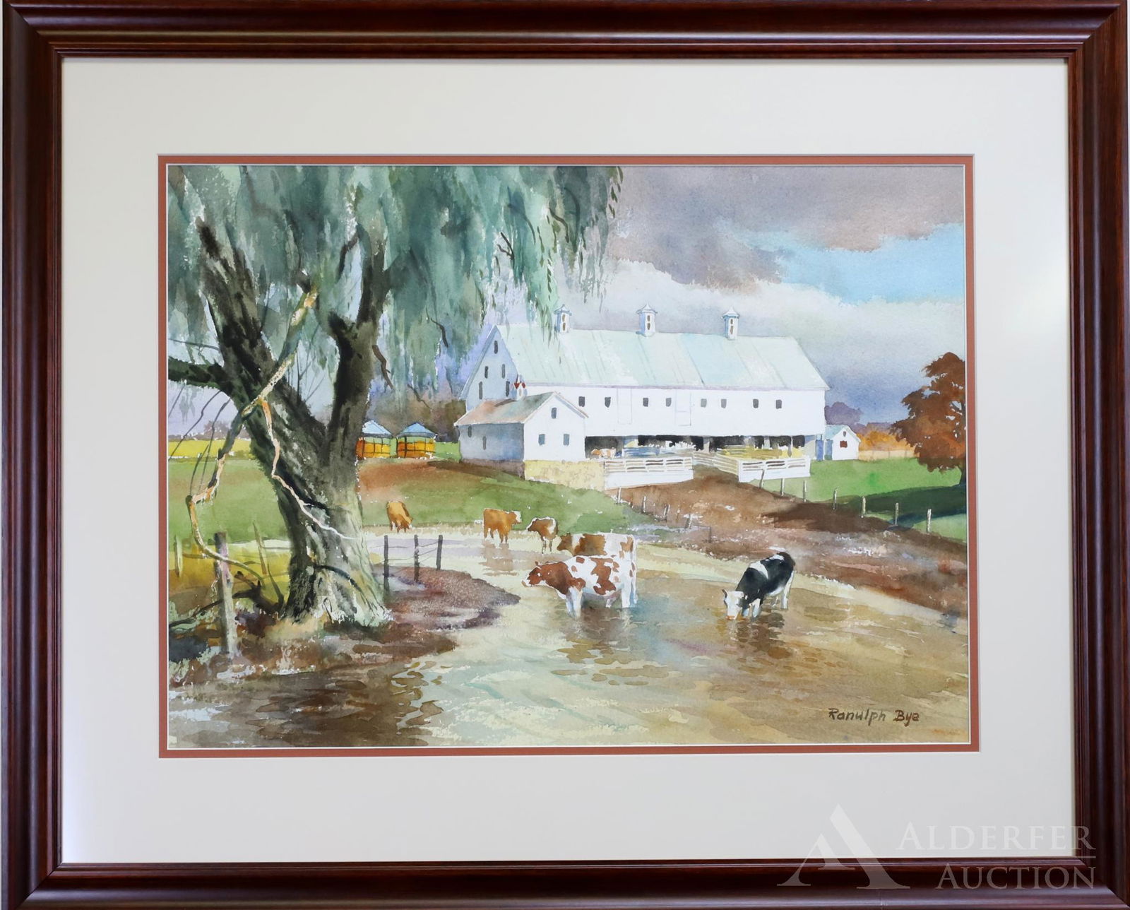 Ranulph Bye (1916 - 2003): Watercolor, "Farm with Cattle, Shippensburg", SLL. Pastural landscape with cows watering below a dairy barn. 15"h x 21"w and 24"h x 30"w framed.