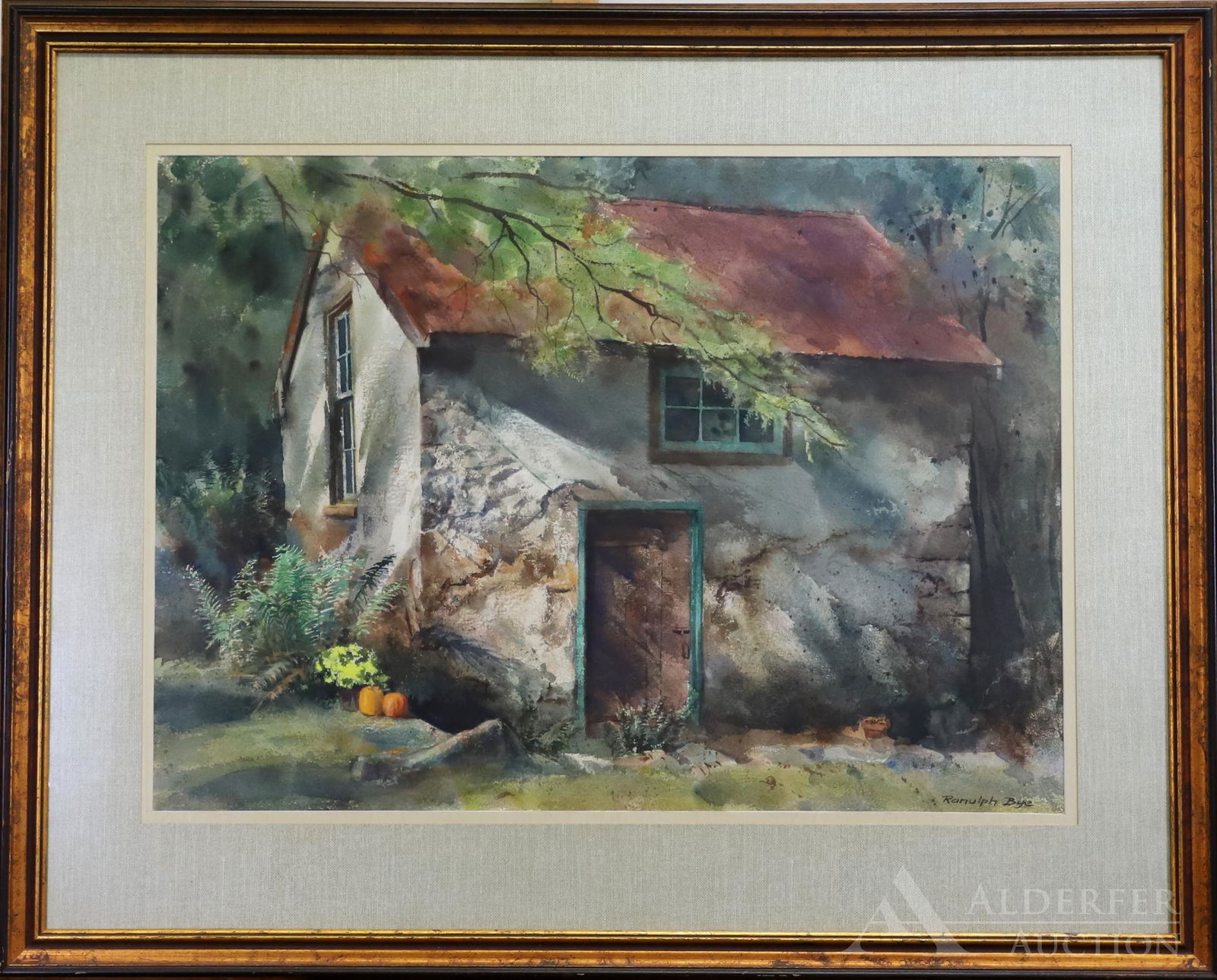 Ranulph Bye (1916 - 2003): Watercolor, "Springhouse Shadow", Shadowy scene of a springhouse. SLR. 21"h x 29"w sight and 31"h x 39"w framed
