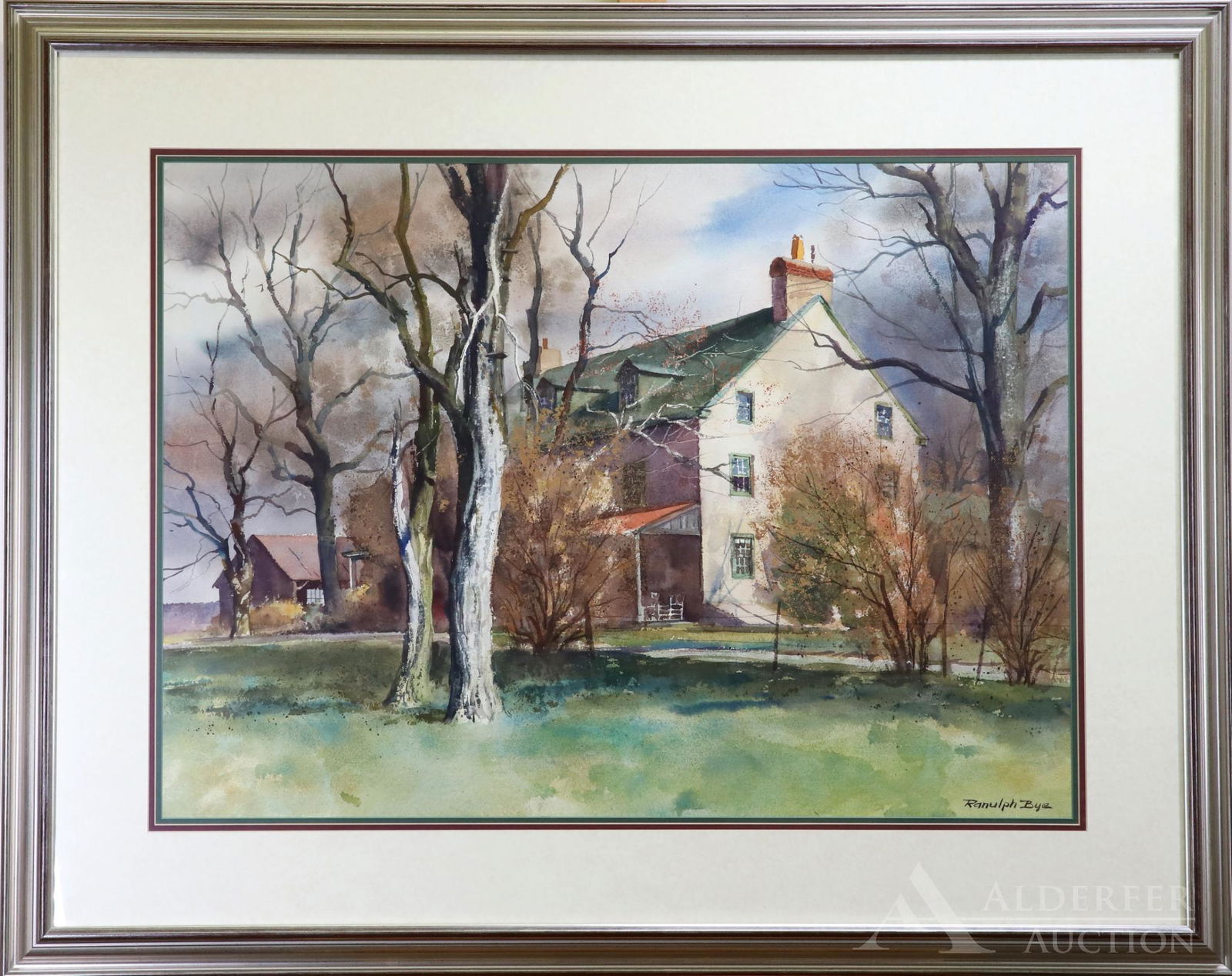 Ranulph Bye (1916 - 2003): Watercolor, SLR. Architectural landscape of a partially obscured home and outbuilding. 20.5"h x 28.5"w and 31"h x 39"w framed