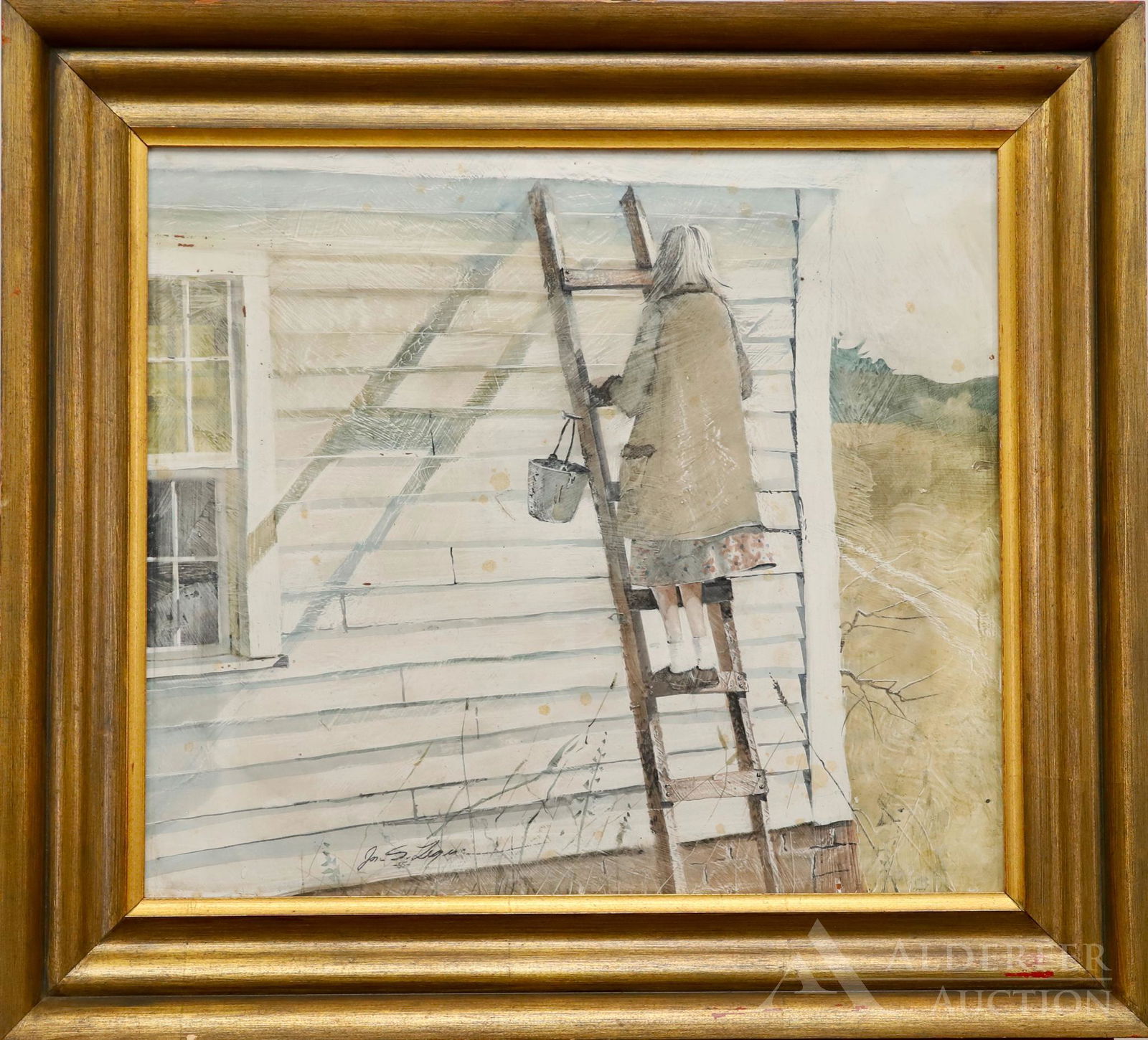 Jon S. Legere (1944 - 1996): Gouache on Masonite, SDLL '65. Brandywine style scene of a woman whitewashing her home. 14"h x 16"w and 18.5"h x 21"w framed