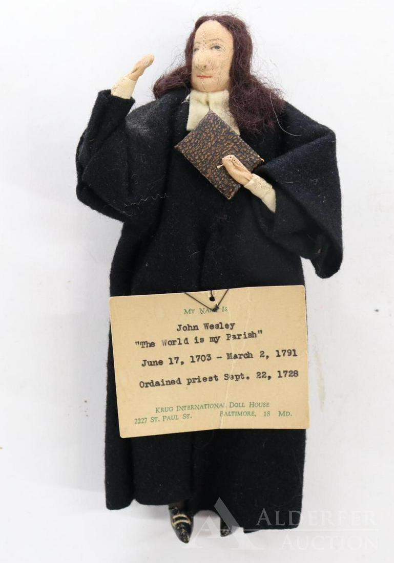 LOT OF CLOTH DOLLS.: Liberty of London. All original tagged 8 1/2" John Wesley "The World is my Parish" doll. June 17, 1703 - March 2, 1791. Ordained priest Sept. 22, 1728. This doll came from the Zelda Kushner Collection