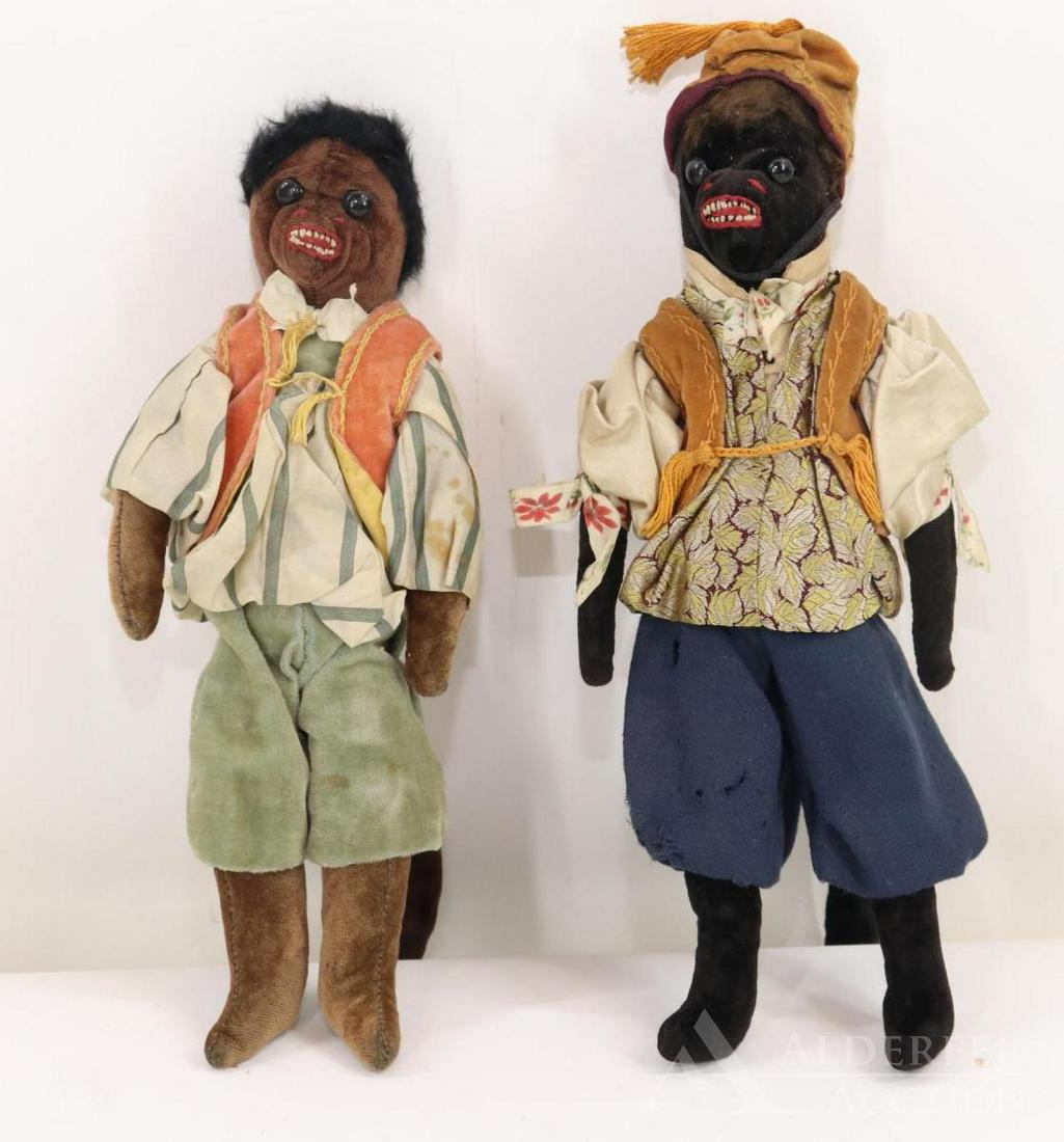 LOT OF ANTIQUE ANIMAL(S).: Pair of dressed velveteen monkeys. Both have embroidered open mouths showing teeth, black shoe button eyes, long tails. 11 1/2" Brown monkey has black plush hair. Velveteen pants and vest; silk shirt.