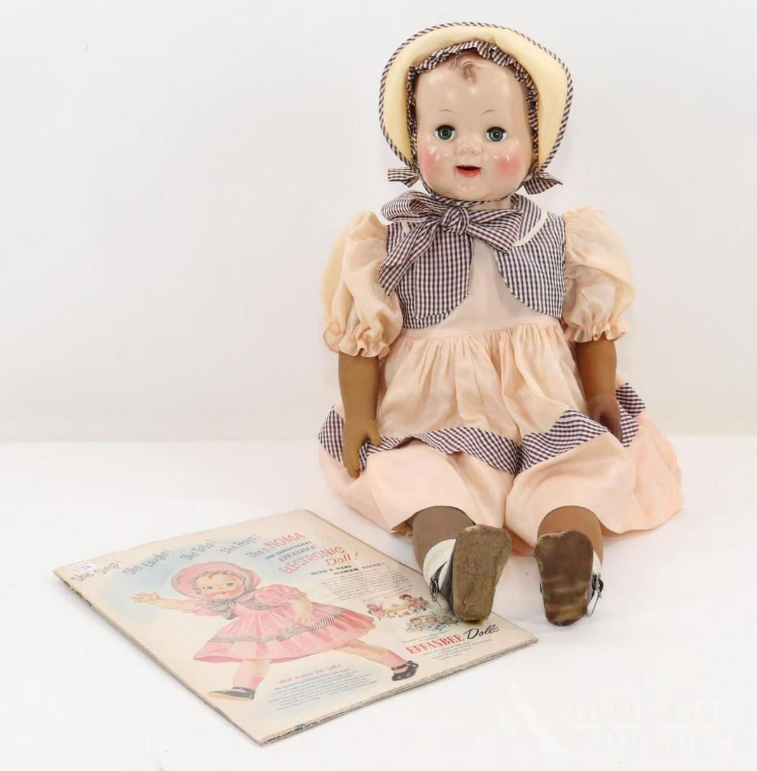 LOT OF 1950's-1960's DOLLS.: 26" Effanbee 1950 all original "NOMA", The Electronic Doll. (NO box.) Hard plastic head/shoulder plate, pink cotton body and vinyl limbs. She has the METAL box on the front of torso. Advertising sheet