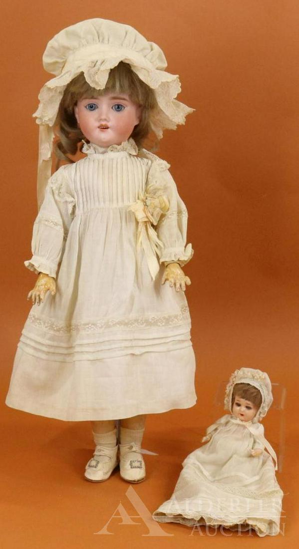 ANTIQUE BISQUE HEAD DOLL: Pair of dolls. 17 1/2" GERMANY S(PB in star)H 1909 1 doll with blue sleep eyes, open mouth, honey blonde mohair wig. Papier mache ball jointed body. Dressed in antique white cotton clothing - dress, u