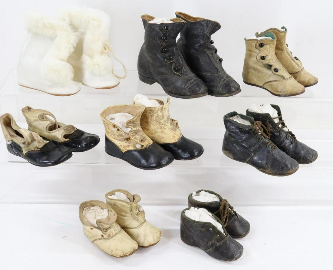 LOT OF ANTIQUE/VINTAGE ACCESSORIES.: Lot of (8) prs. of antique leather baby/children's shoes. White leather with fur (never worn), black & white, bone with black buttons, black heeled with black buttons, black & brown tie shoes. Conditi