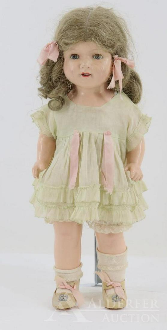 LOT OF COMPOSITION.: 17" All original Effanbee 1925 "Rosemary" shoulder head doll with blue sleep eyes, open mouth, curly honey blonde human hair wig. Cloth torso with composition arms and legs. Dressed in pale green cott