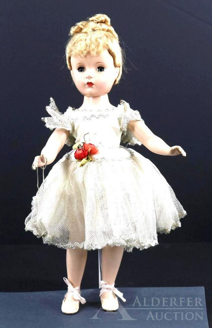 DOLLS OF THE 1950's-60's.: 14" MADAME ALEXANDER tagged "Nina Ballerina" doll. Blue sleep eyes, beautiful uncombed blonde floss wig. All original white tulle/satin ballet dress with silver rick rack trim; attached panties. Pink 