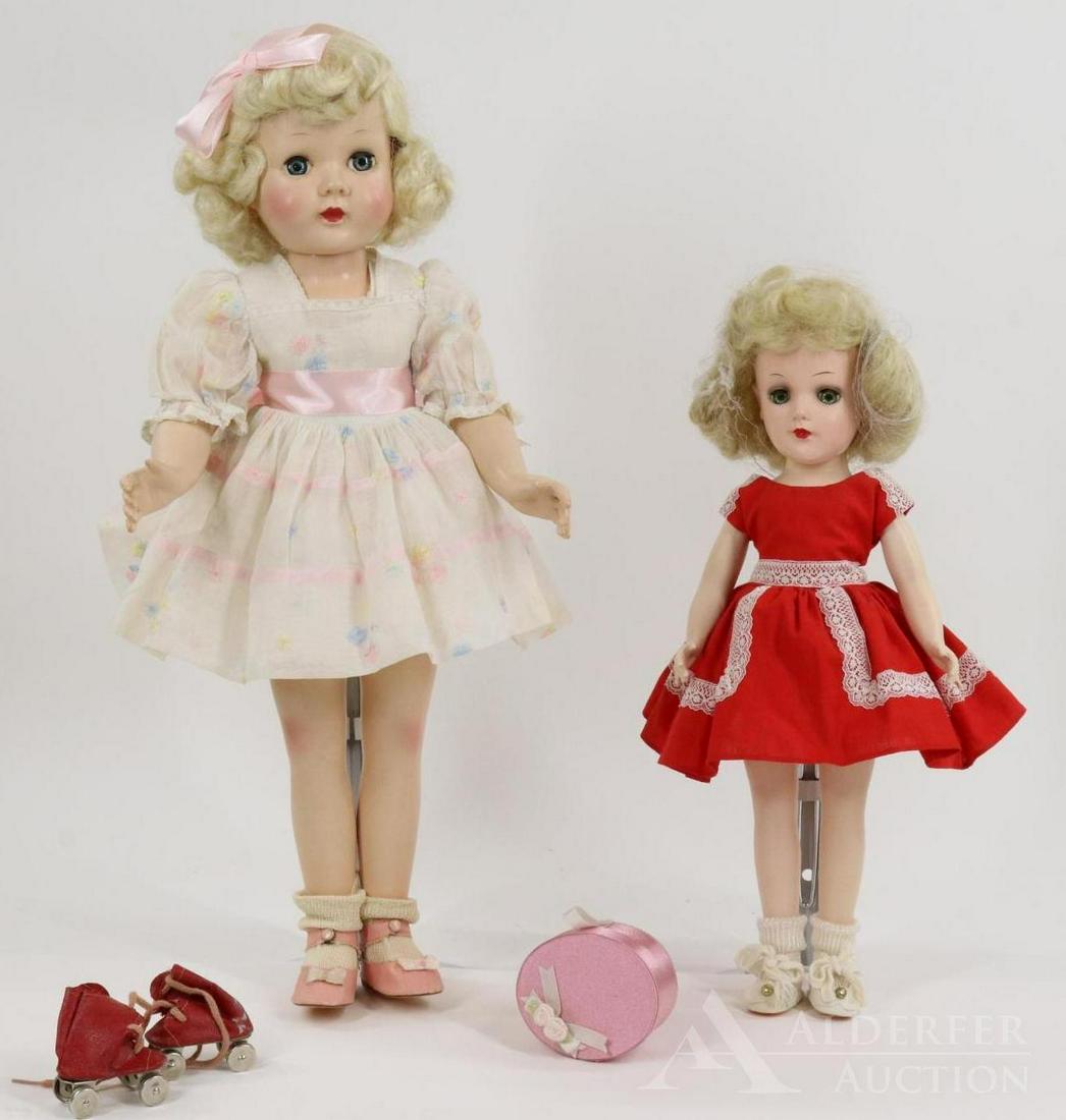 DOLLS OF THE 1950's-60's.: Pair of dolls. 14" Marked MARY HOYER doll with blonde hair, blue eyes. Dressed in tagged cotton dress, newer pants and shoes. Comes with a pair of red oilcloth high top roller skates. 18" EFFANBEE "Ho
