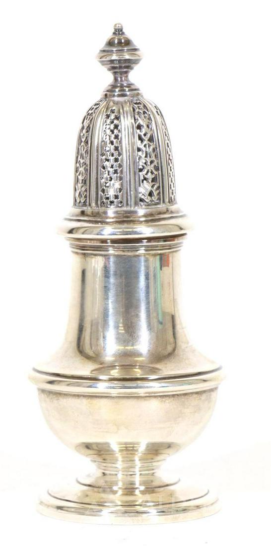 Richard Comyns Sterling Silver Caster: Richard Comyns sterling silver muffineer or sugar caster. Dated 1924, London. 6.5"h and 8.2ozt