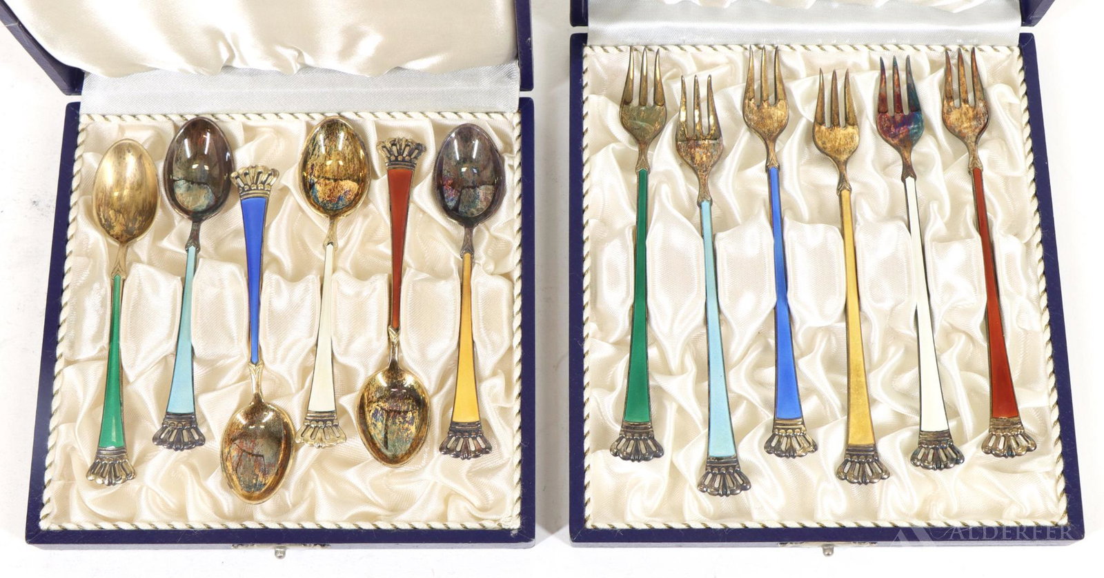 Danish Sterling Silver and Enamel Dessert Service: Cased set of Danish sterling and enamel dessert service. 4.75"l