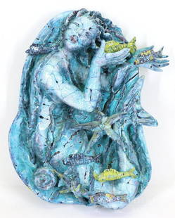 San Polo Venetian Ceramic Plaque: Mermaid relief wall plaque by Ceramiche San Polo, attributed to Otello Rosa, with iron braces verso, SLL. 23"h x 18.5"w x 5.5"d **Please Note: This item is NOT eligible for in-house shipping. Please r