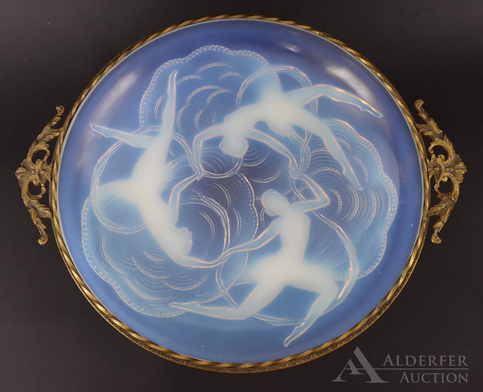 Sabino Glass Ballerines Bowl: Art Deco opalescent molded glass centerpiece bowl, the applied twist brass rim with pierced handles, apparently unmarked. Fleabites to the rim. 3"h x 13.75"w, 16.5"w from handle to handle **Please Not