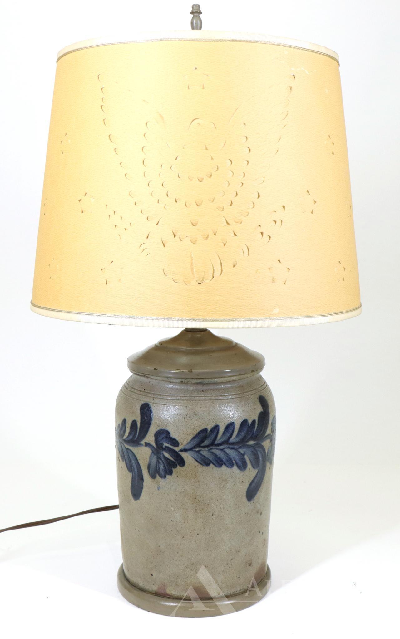 Blue Decorated Stoneware Crock Lamp (1 of 12)