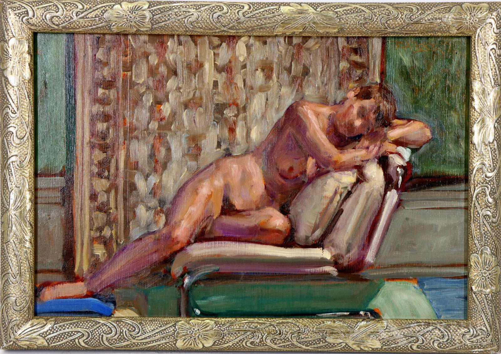 Robert Beck (Born 1950): Oil on board, SDUR, '99. Full portrait of a reclining nude. 8"h x 12"w and 9.5"h x 13"w framed **Please Note: This item is NOT eligible for in-house shipping. Please refer to the terms and conditions