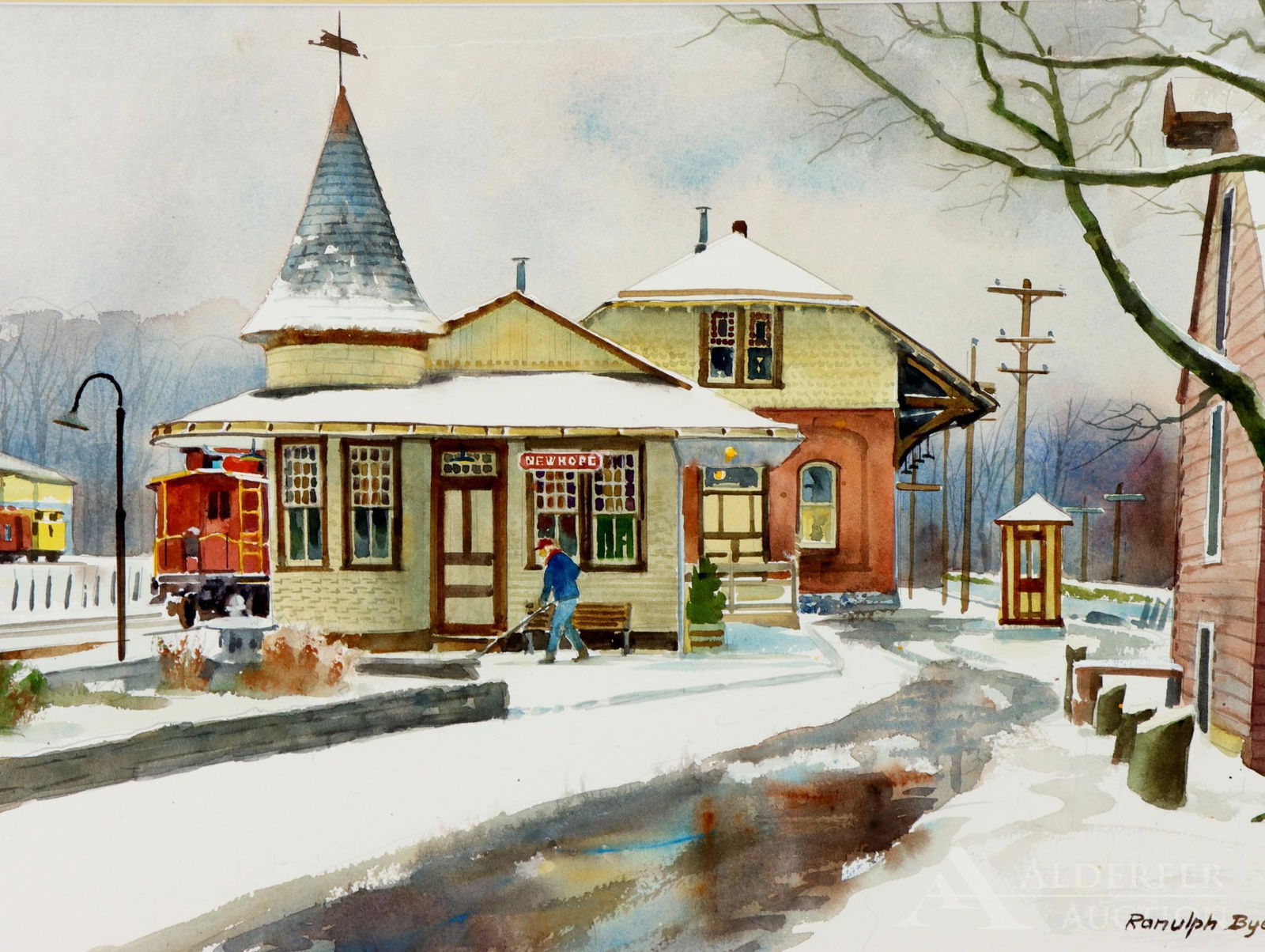 Ranulph Bye (1916 - 2003): Watercolor, "New Hope Train Station", SLR. Snow covered landscape of the iconic train station. 14.5"h x 20.5"w 25.5" h x 32"w **Please Note: This item is NOT eligible for in-house shipping. Please ref