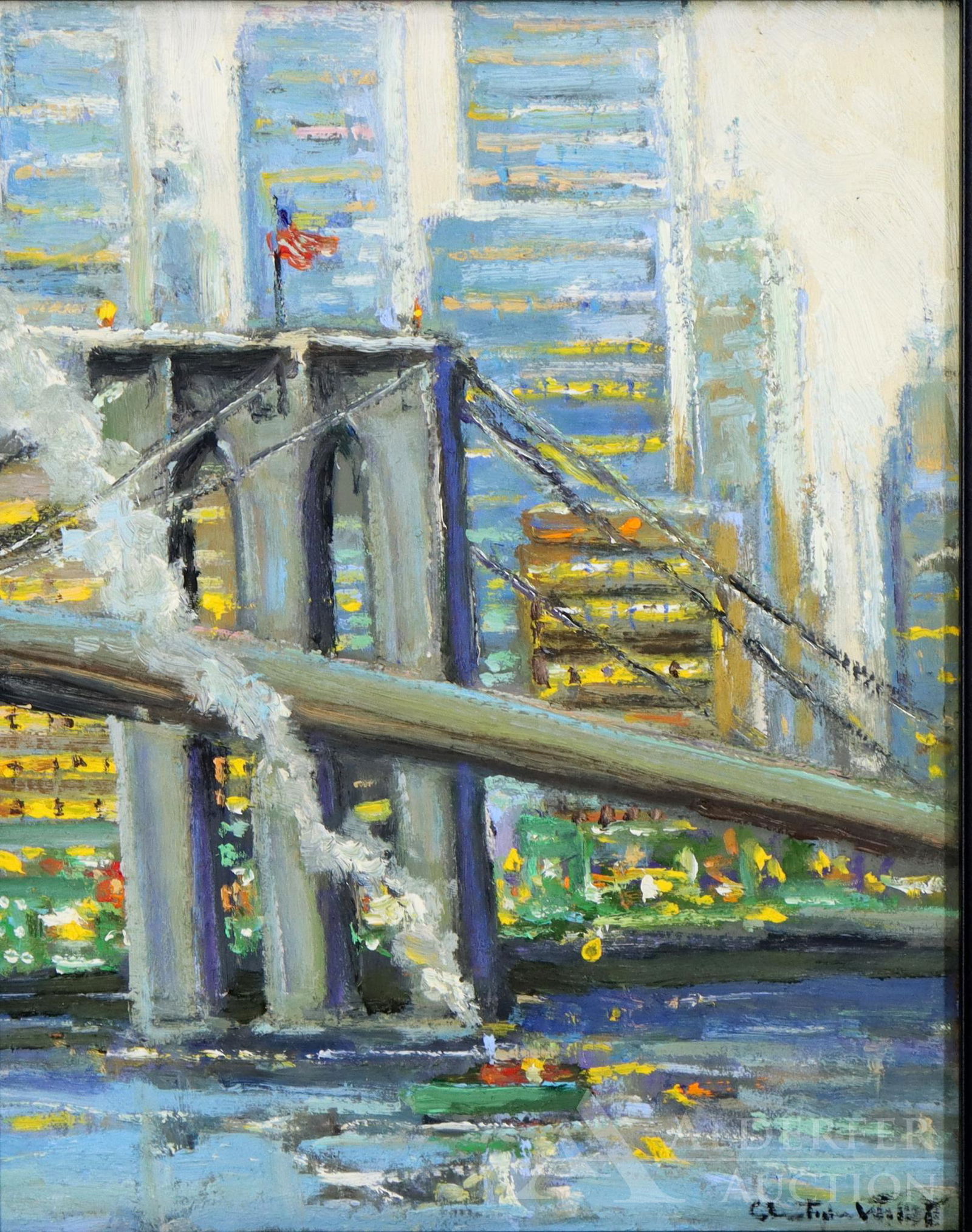 Christopher Willett (born 1959): Oil on board, "Twilight Brooklyn Bridge, New York", SLR. River view of the famed bridge with towering skyscrapers in the distance. 10"h x 8"w and 14.5"h x 12.5"w framed **Please Note: This item is NOT