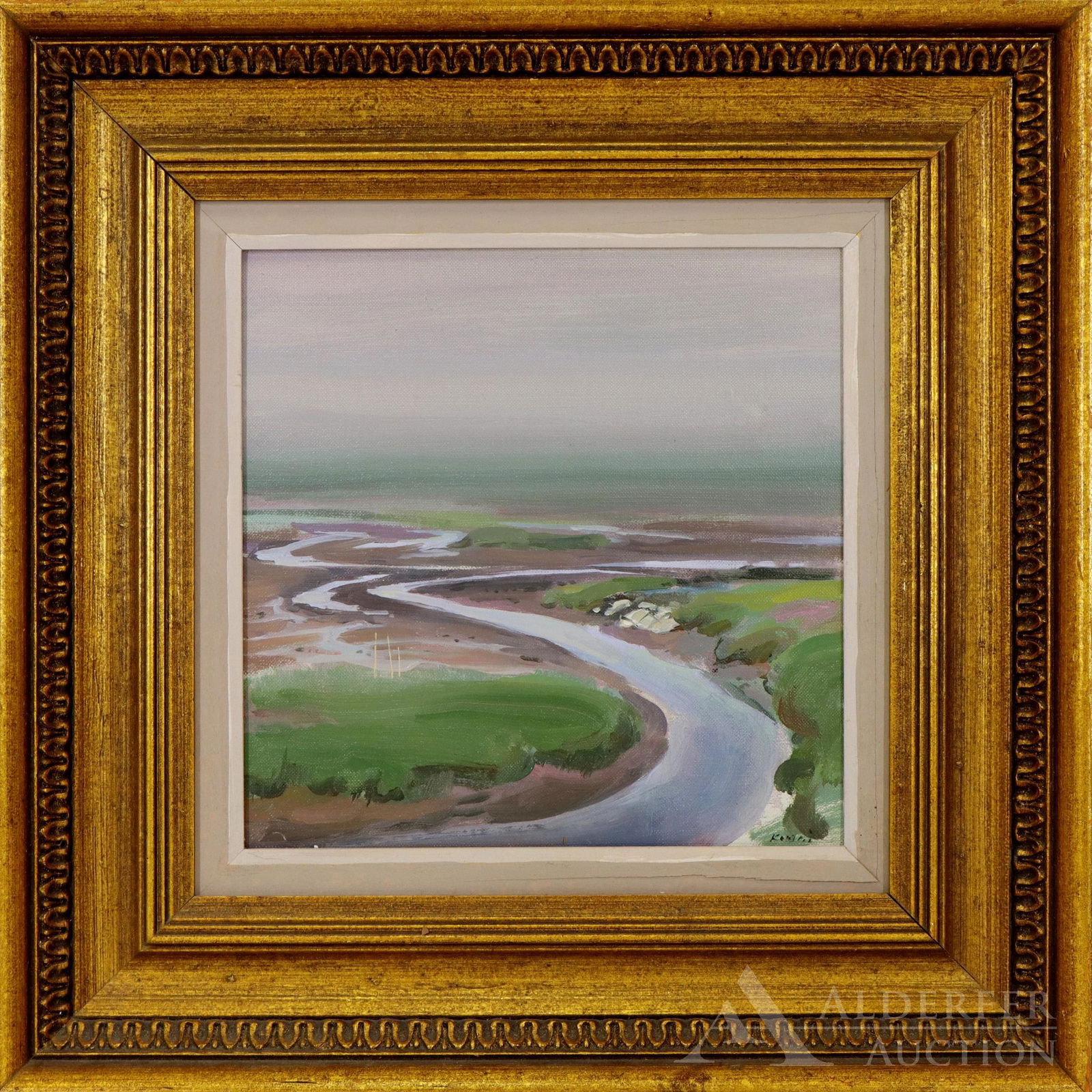 Adolf Ferdinand Konrad (1915 - 2003): Oil on canvas, "The Lubec Channel", SLR. Landscape overlooking a meandering waterway. 10"h x 10"w and 16.75"h x 16.75"w **Please Note: This item is NOT eligible for in-house shipping. Please refer to