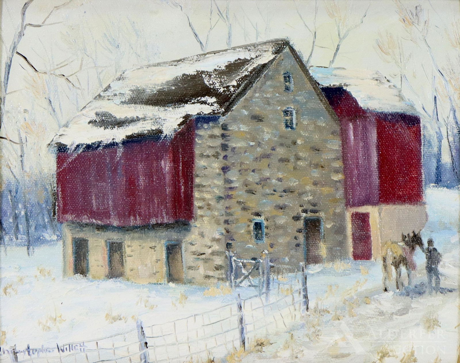 Christopher Willett (born 1959): Oil on canvas, "Tinicum", SLR. Winter landscape with a horse being walked into a snow covered barn. 8"h x 10"w and 14"h x 16"w **Please Note: This item is NOT eligible for in-house shipping. Please re