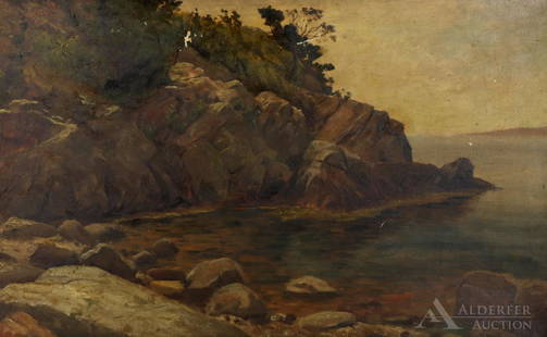 James Brade Sword (1839 - 1915): Oil on canvas, SLR. Rocky coastal landscape. 14 h x 22 w and 20 h x 27 w framed **Please Note: This item is NOT eligible for in-house shipping. Please refer to the terms and conditions of this auction