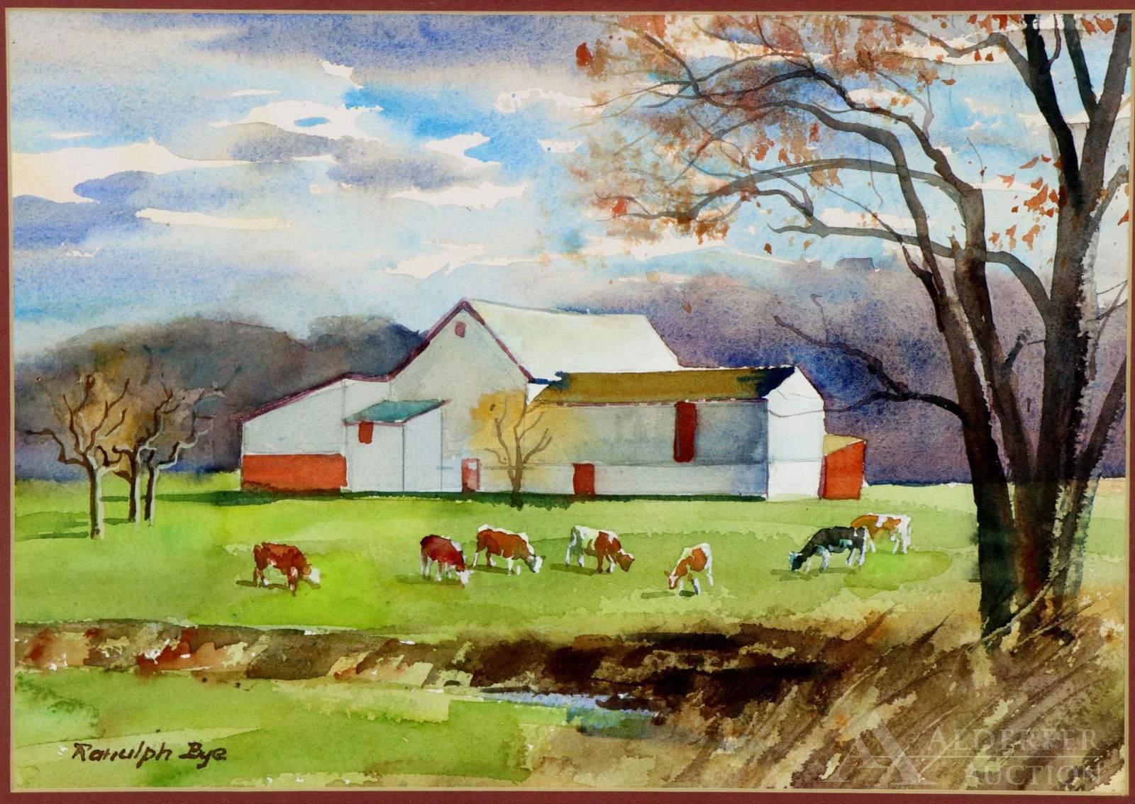 Ranulph Bye (1916 - 2003): Watercolor, "Plumstead Pasture", SLR. Pastural landscape with grazing cattle and outbuildings. 9.5"h x 13"w and 16"h x 20"w framed **Please Note: This item is NOT eligible for in-house shipping. Pleas