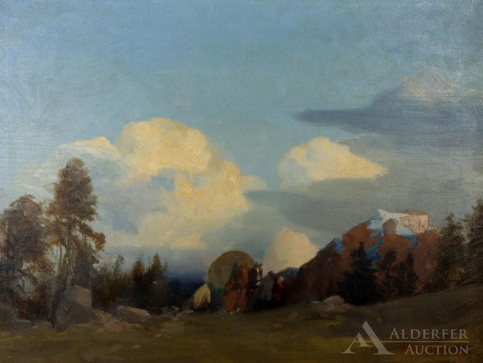 Clarence E. Braley (1854 - 1927): Oil on canvas, SDLR 1916. Landscape with horse drawn wagon train. 22"h x 28"w and 26"h x 31.5"w framed **Please Note: This item is NOT eligible for in-house shipping. Please refer to the terms and con