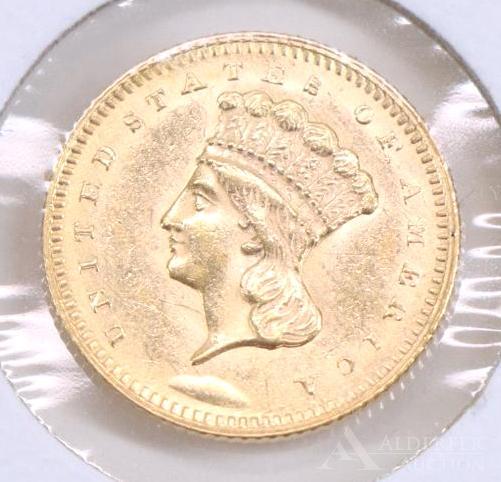 $1 INDIAN PRINCESS GOLD COIN: 1861 AU, obv. die break
