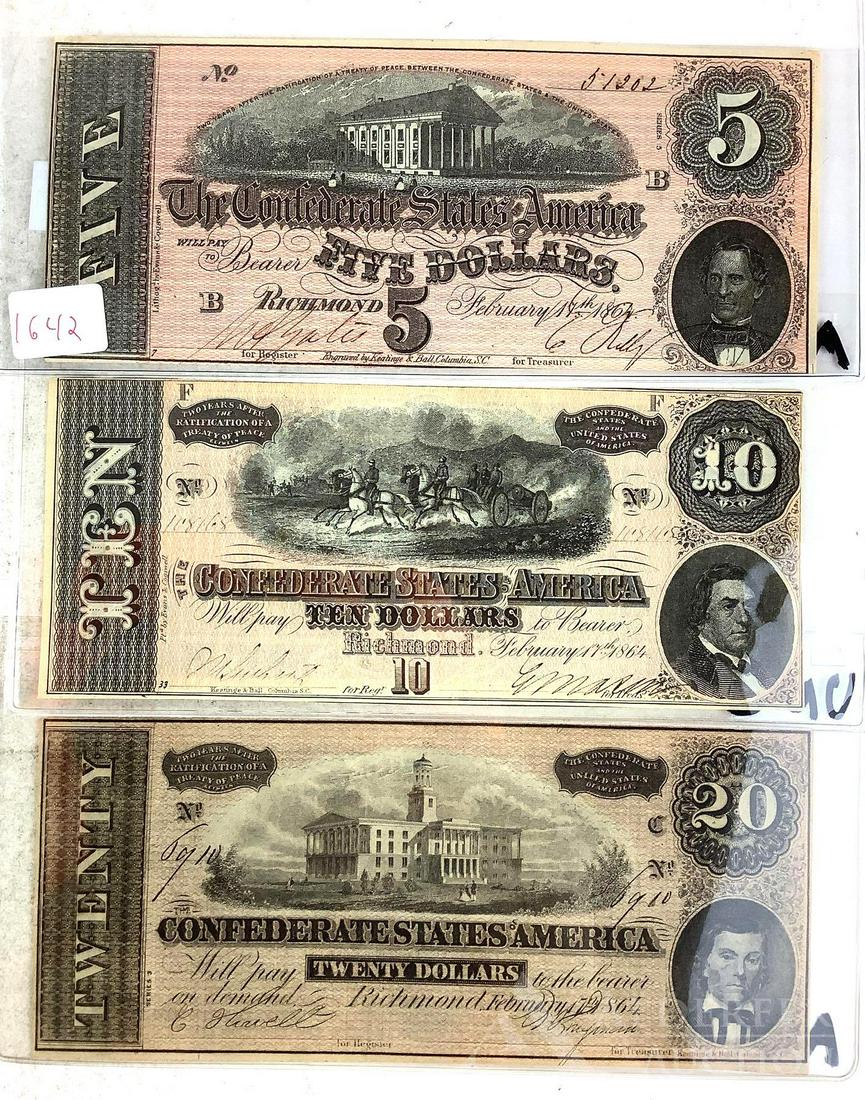 CONFEDERATE CURRENCY: $5 AU, $10 UNC, $20 AU, 3 notes