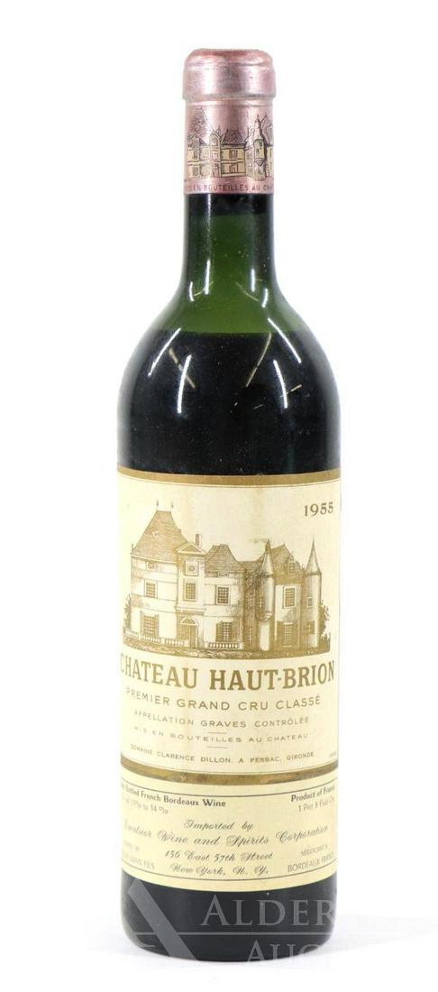 Chateau Haut-Brion Premier Grand Cru Classe Wine 1955: Chateau Haut-Brion Premier Grand Cru Classe 1955. (1) bottle of wine at 750 ml. Upper-top shoulder fill; corroded capsule; slight tear and soiling on label. This item is not available for shipping, pi
